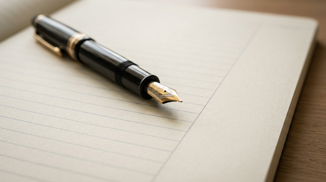 Fountain pen resting on lined paper with light shadow