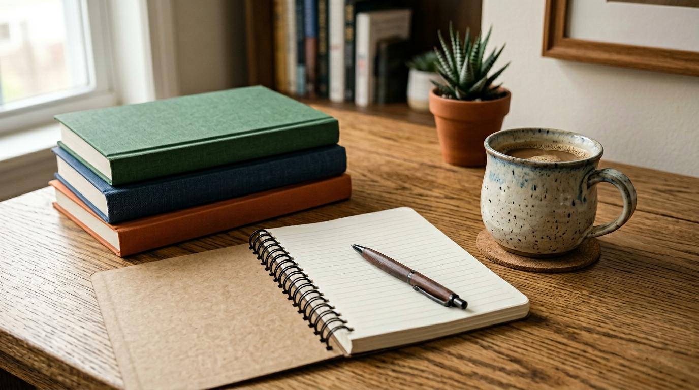 Wooden desk with stacked books and an open notebook beside a mug
