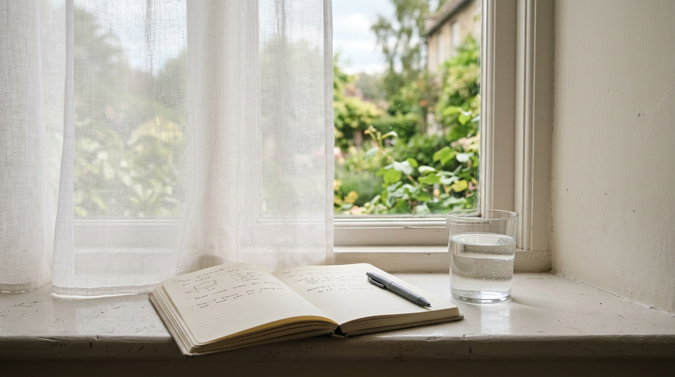 Notebook on a windowsill in soft daylight with a glass of water
