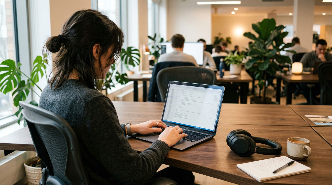 Person typing on laptop with headphones resting on desk nearby