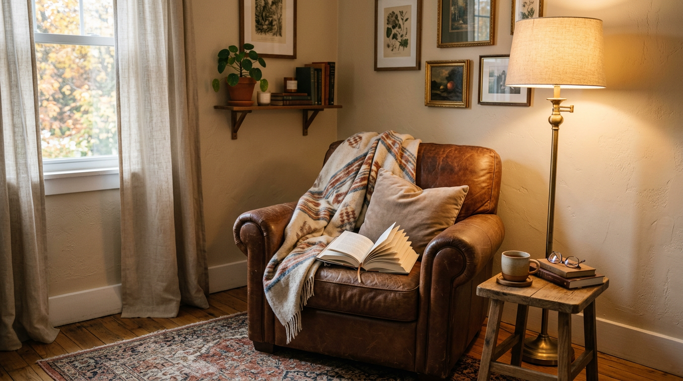 Armchair with open book and reading lamp in a calm corner