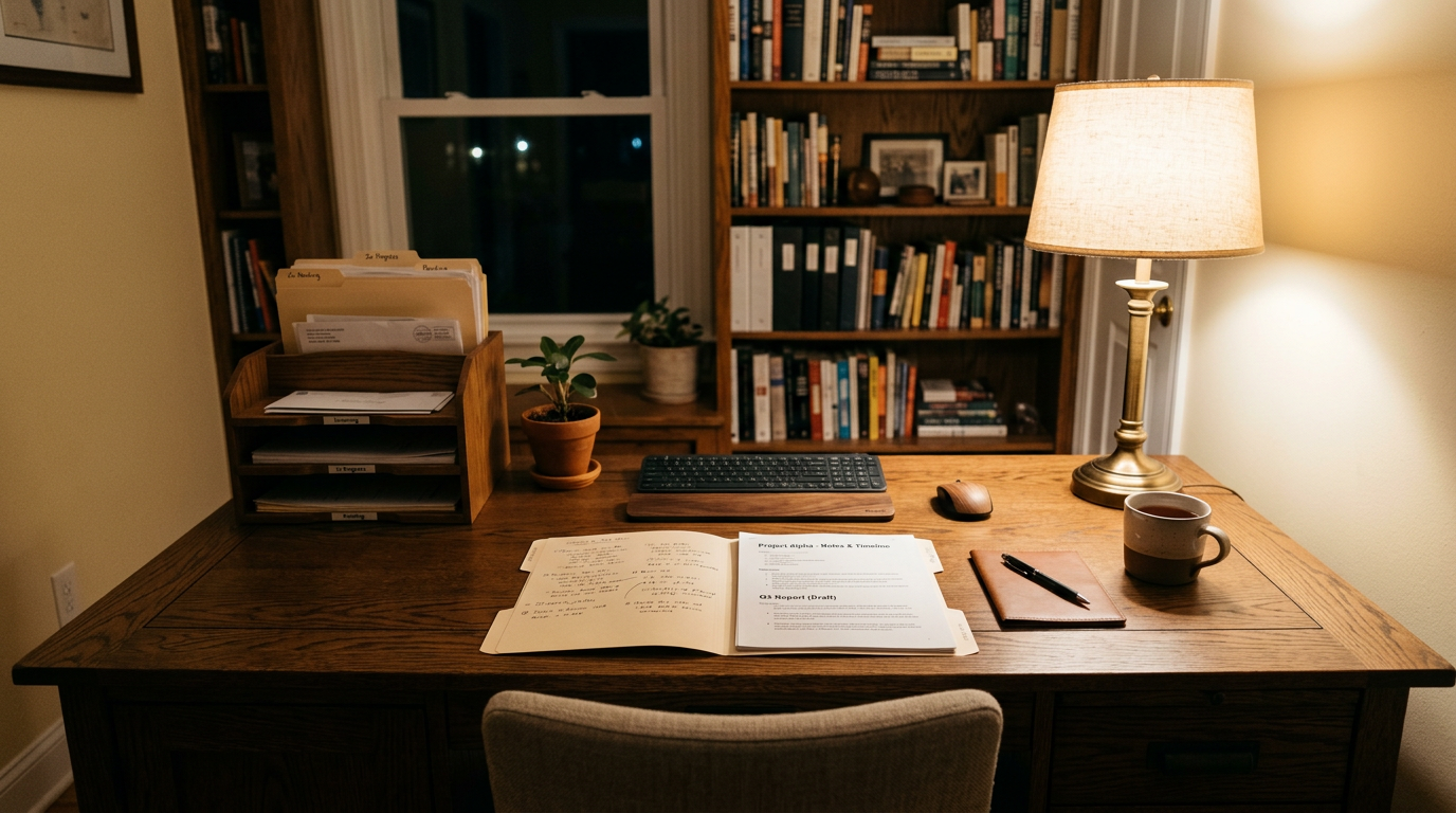 Wooden desk with labeled paper trays and a single open folder