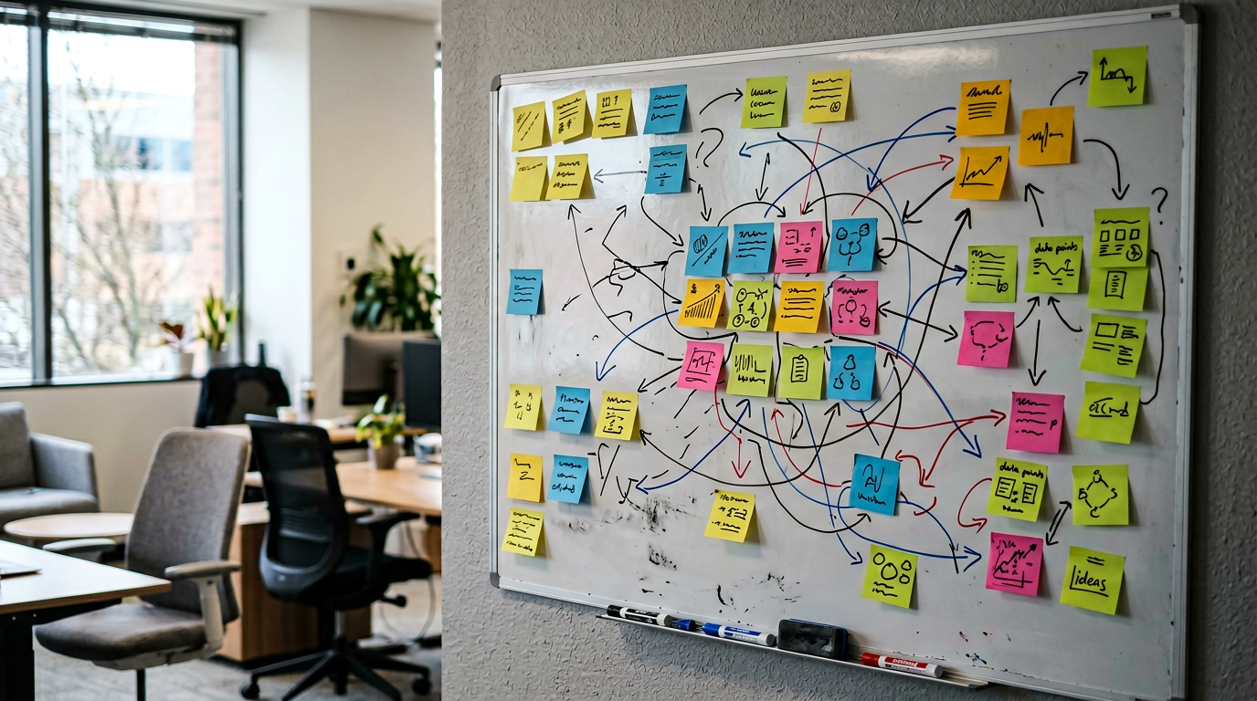 Whiteboard with sketched arrows between sticky notes in a quiet office